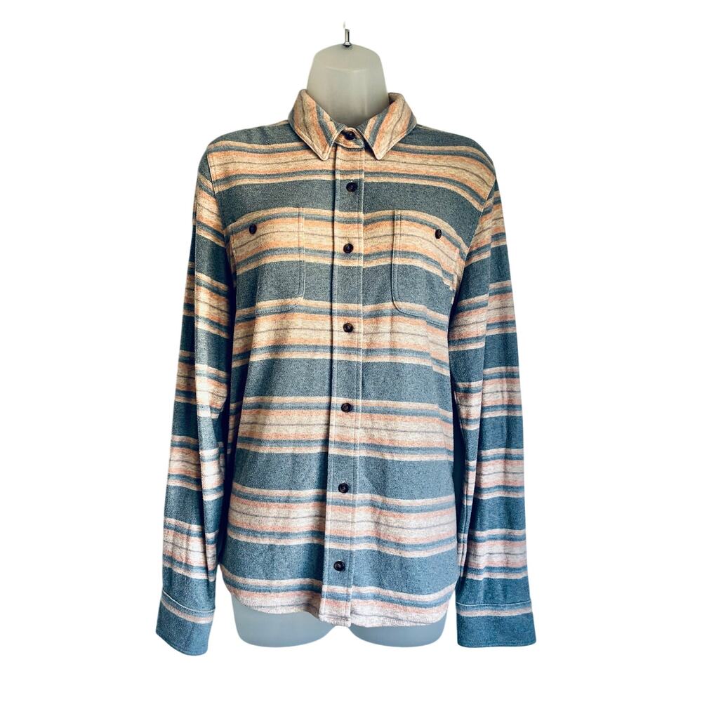 Faherty Legend Sweater Shirt Striped Long Sleeve Snap Button Up Blue Large